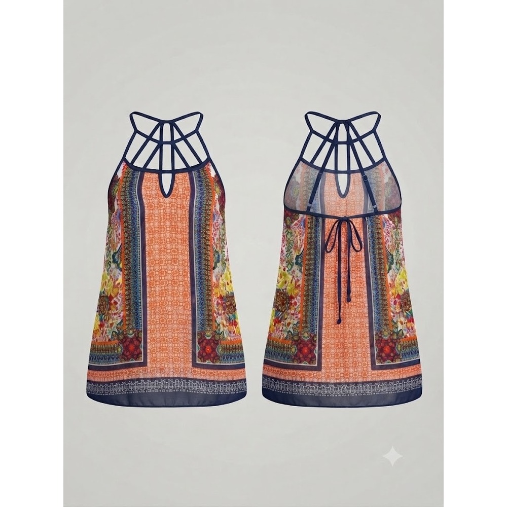 Sweet Journey‎ Tank Top Womens L Orange Blue Floral Halter Cage Neck  Boho Flowy